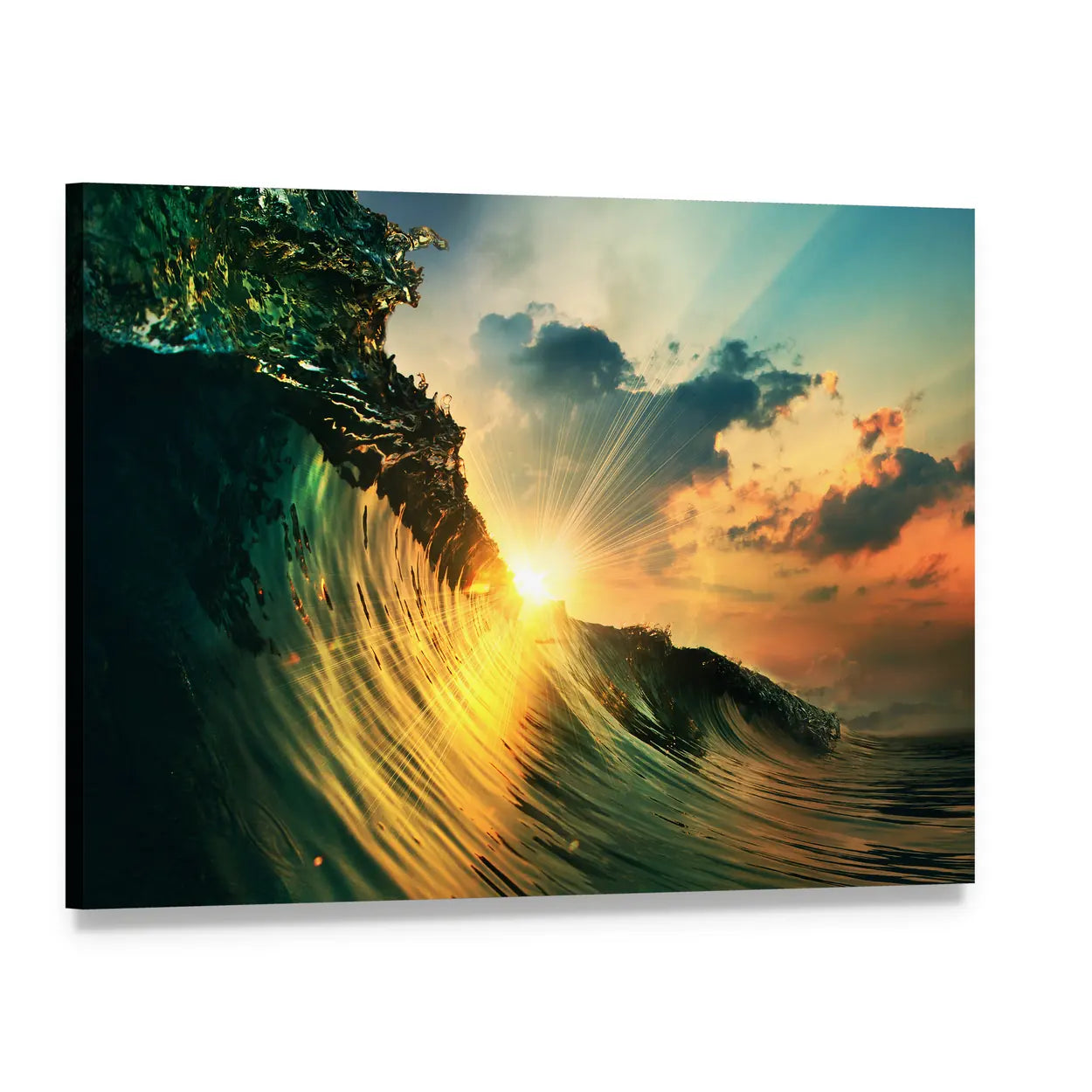 Sunburst Ocean Wave at Sunset Canvas Wall Art, single panel gallery wrapped canvas, angled product view