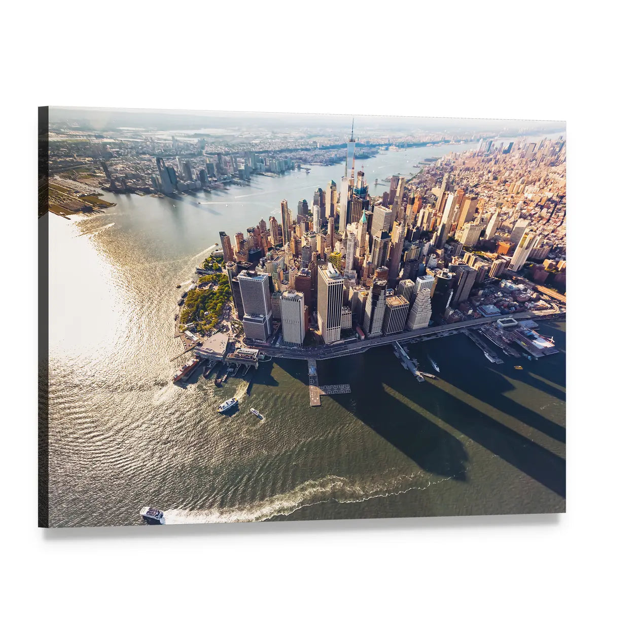Aerial View of Lower Manhattan and Hudson River Canvas Wall Art, single panel gallery wrapped canvas, angled product view