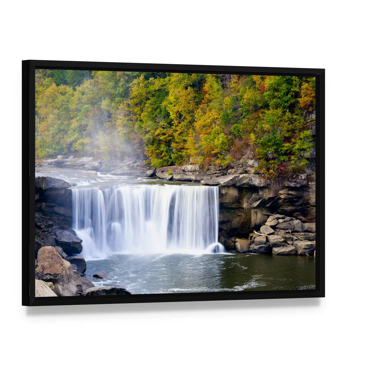 Cumberland Falls In Kentucky Canvas Wall Art, framed canvas in a black floater frame, angled product view