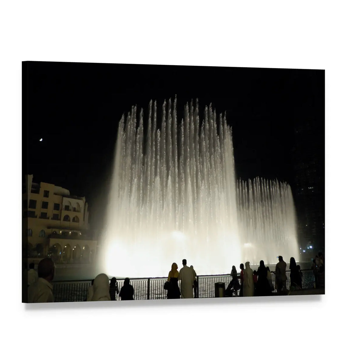 Dubai Dancing Fountains at Night Canvas Wall Art, single panel gallery wrapped canvas, angled product view