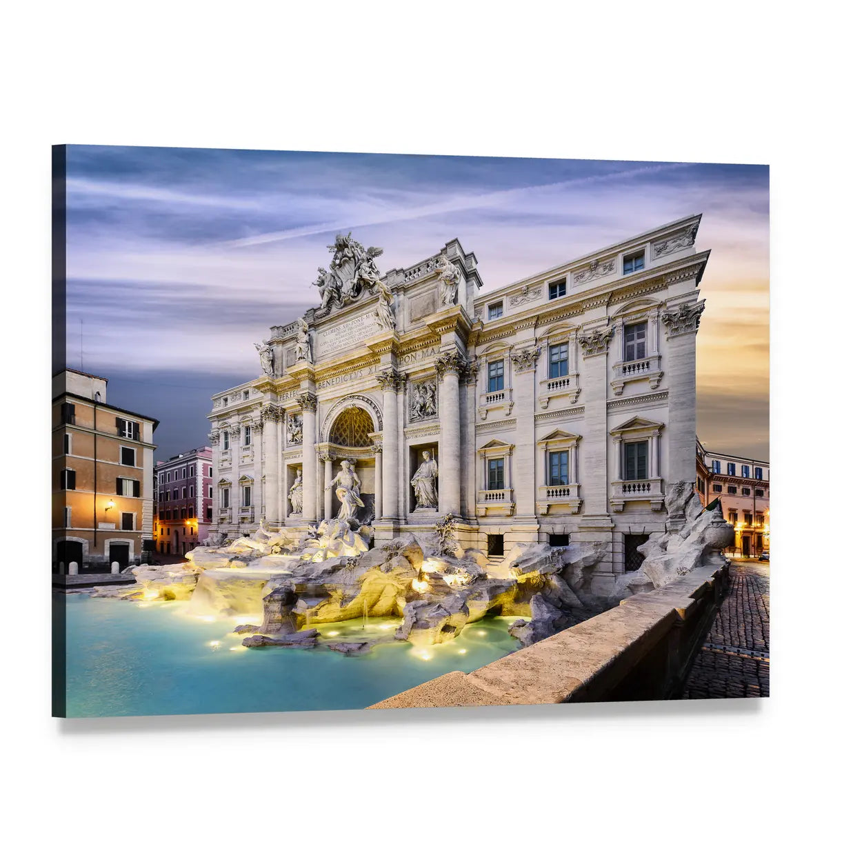 Trevi Fountain in Rome at Evening Canvas Wall Art, single panel gallery wrapped canvas, angled product view