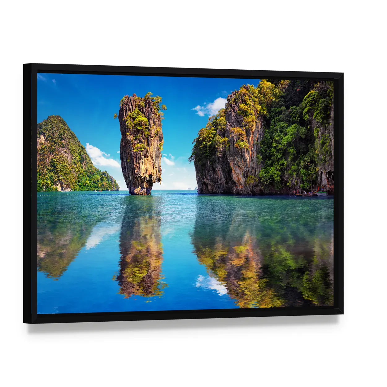 James Bond Island Reflection In Phuket Canvas Wall Art, framed canvas in a black floater frame, angled product view