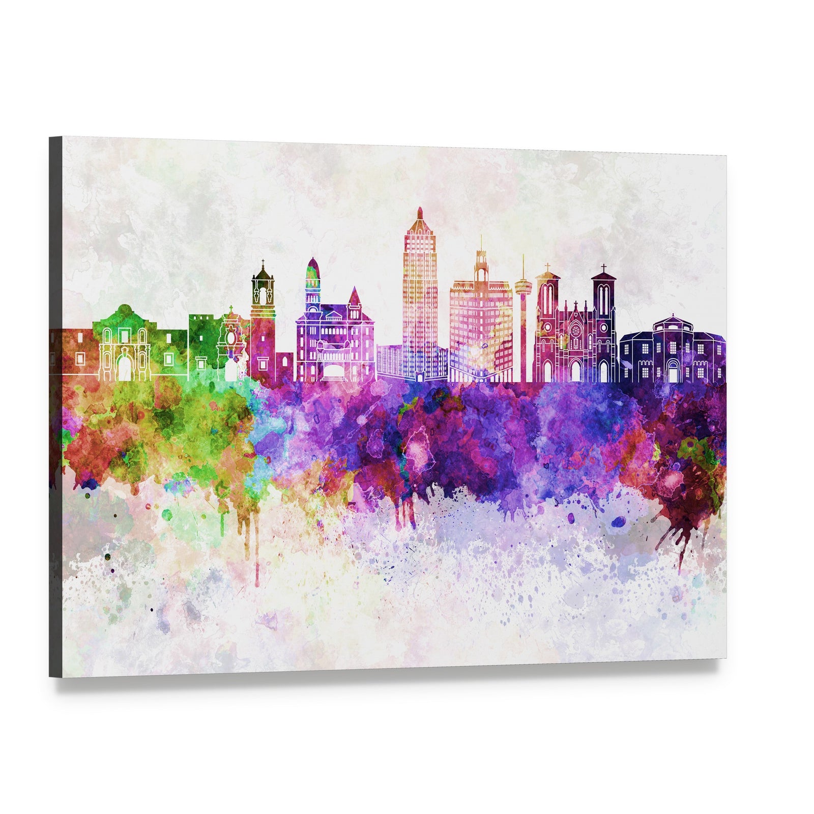 San Antonio Skyline Watercolor Abstract Canvas Wall Art, single panel gallery wrapped canvas, angled product view