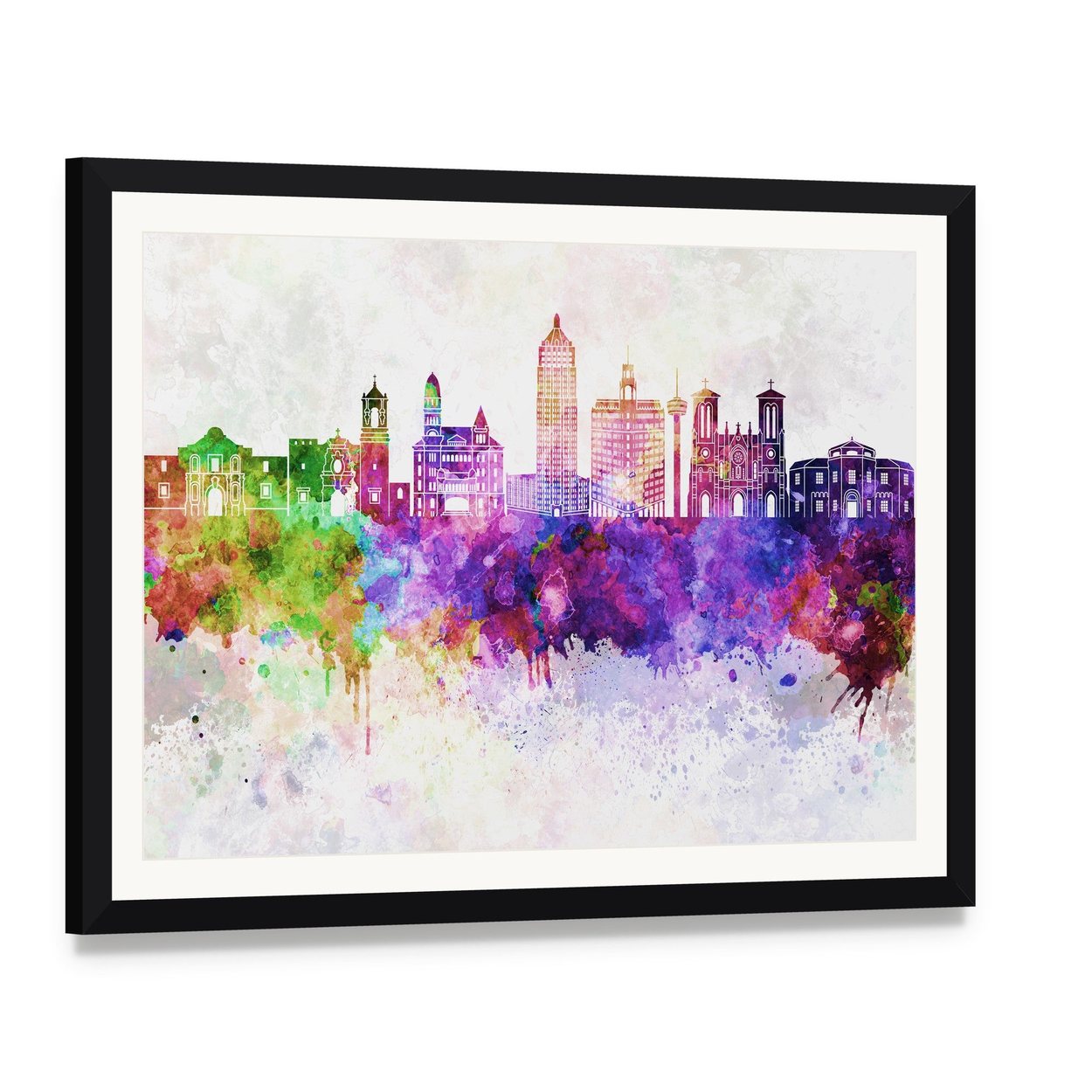 San Antonio Skyline Watercolor Abstract Canvas Wall Art, framed print with white mat and black frame, angled product view