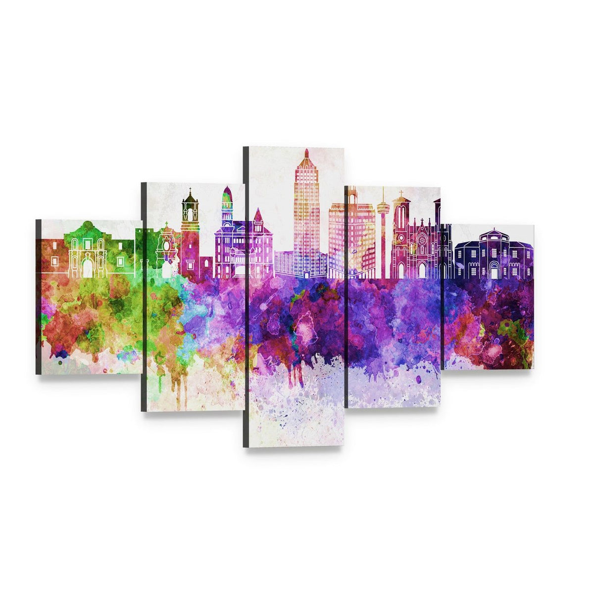 San Antonio Skyline Watercolor Abstract Canvas Wall Art, 5 panel 5 Star layout gallery wrapped canvas set, angled product view