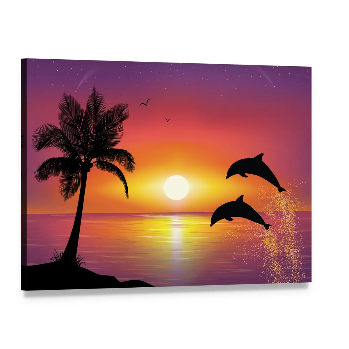 Silhouette of Two Dolphins at Sunset Canvas Wall Art, single panel gallery wrapped canvas, angled product view