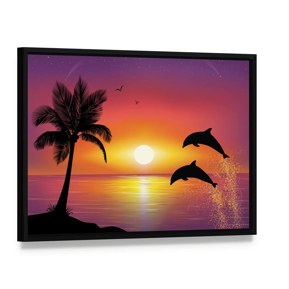 Silhouette of Two Dolphins at Sunset Canvas Wall Art, framed canvas in a black floater frame, angled product view