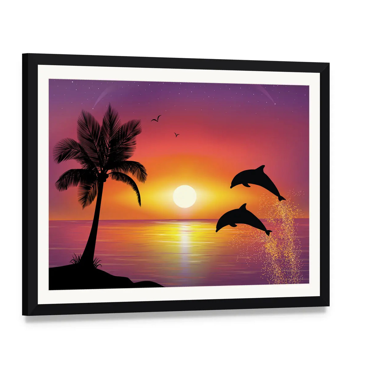 Silhouette of Two Dolphins at Sunset Canvas Wall Art, framed print with white mat and black frame, angled product view