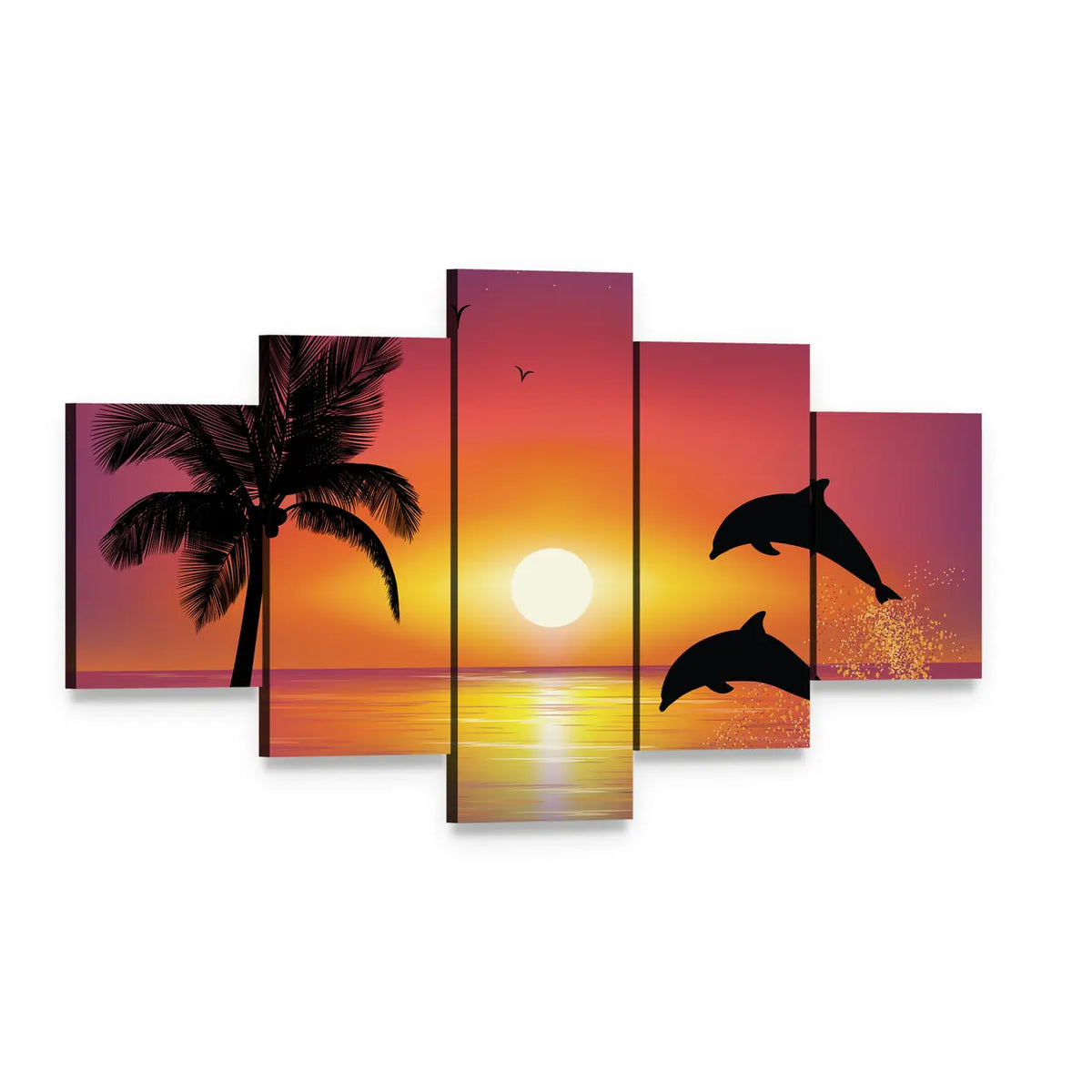 Silhouette of Two Dolphins at Sunset Canvas Wall Art, 5 panel 5 Star layout gallery wrapped canvas set, angled product view