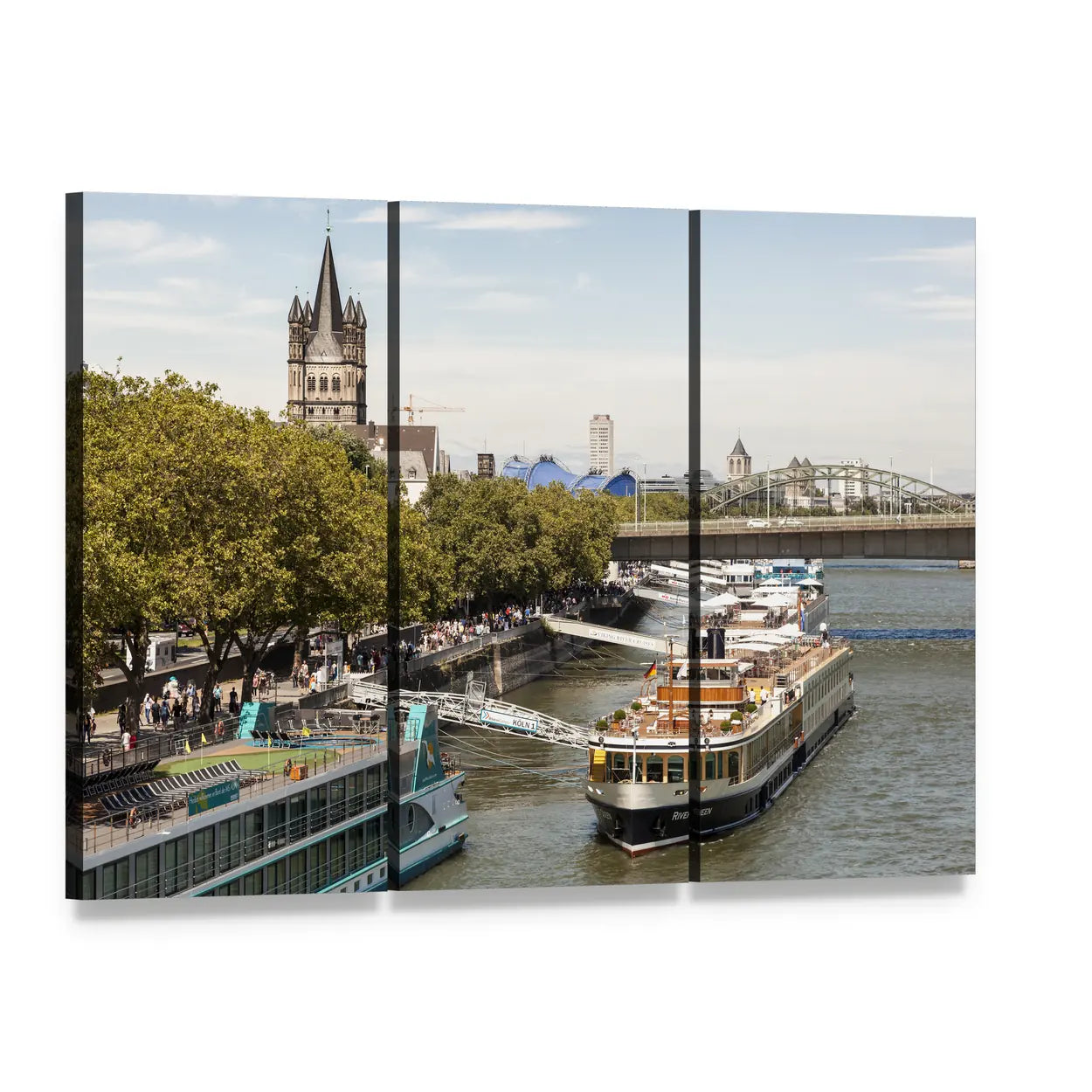Cruise Ships in Cologne Canvas Wall Art, 3 panel 3 Horizontal layout gallery wrapped canvas set, angled product view