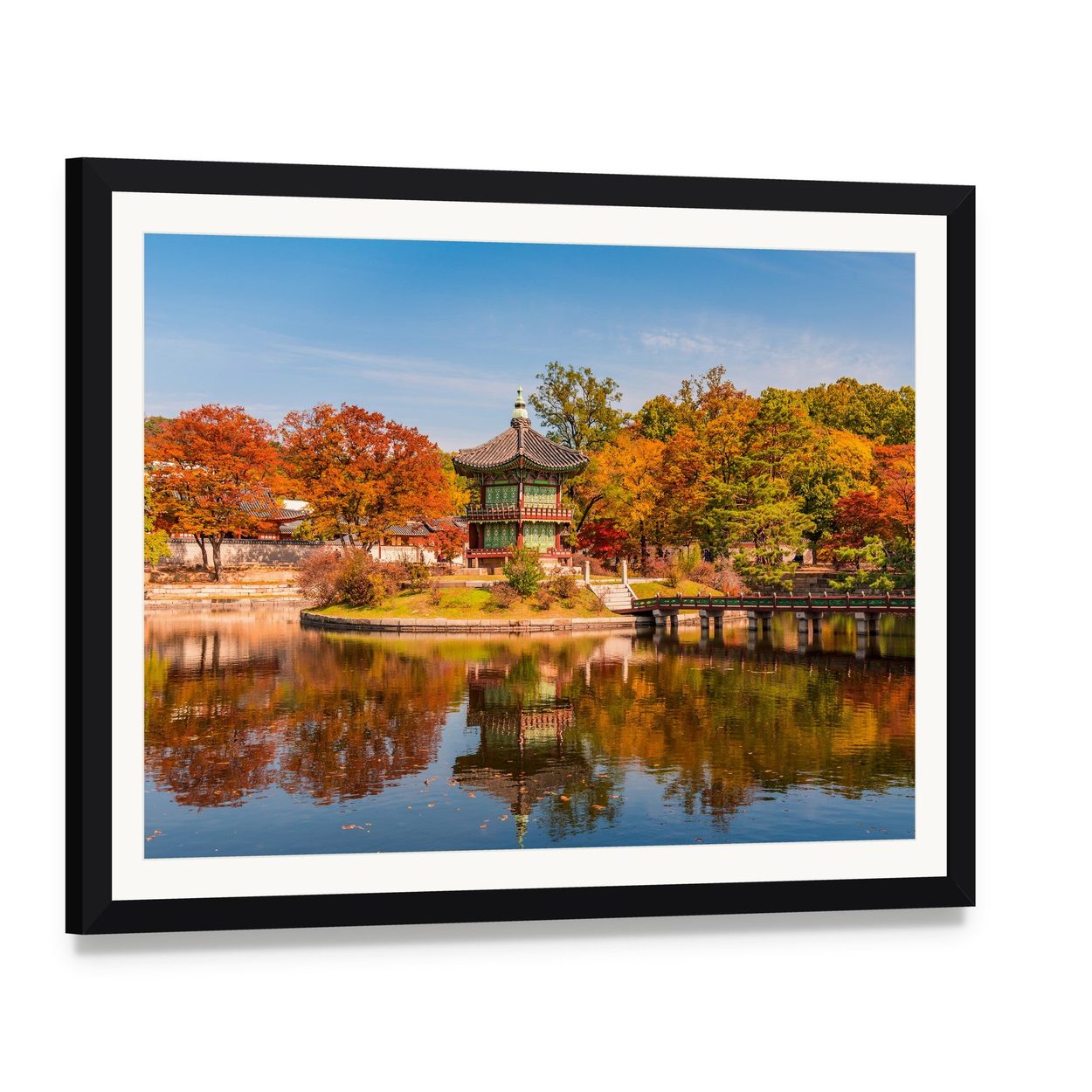 Gyeongbokgung Palace in Autumn Canvas Wall Art, framed print with white mat and black frame, angled product view