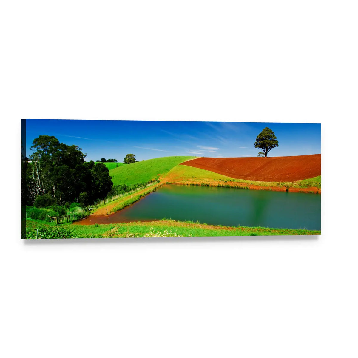 Red-earth Hill with Lone Tree and Lake Panoramic Canvas Wall Art, single panel gallery wrapped canvas, angled product view