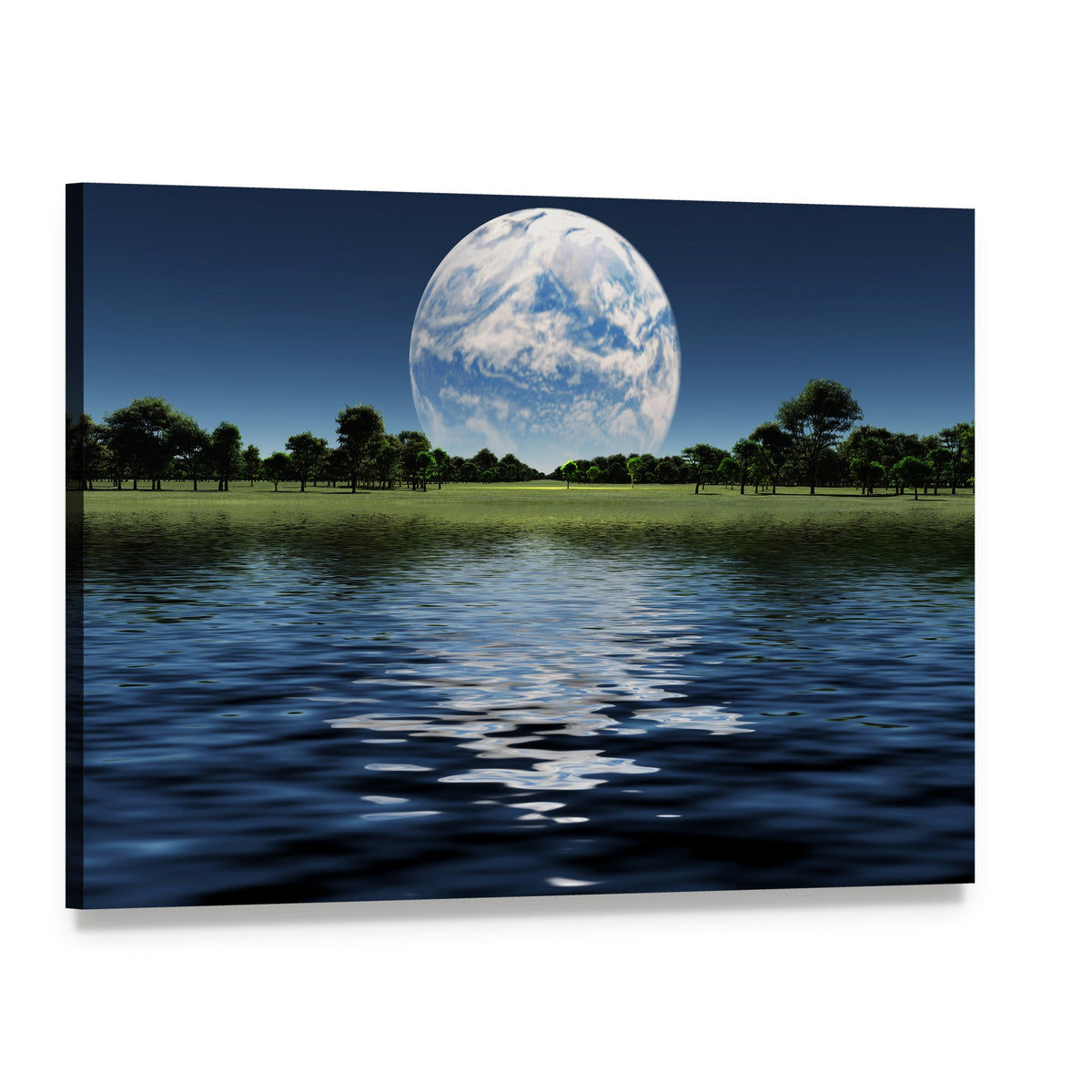 Blue Planet with Water Reflection Canvas Wall Art, single panel gallery wrapped canvas, angled product view