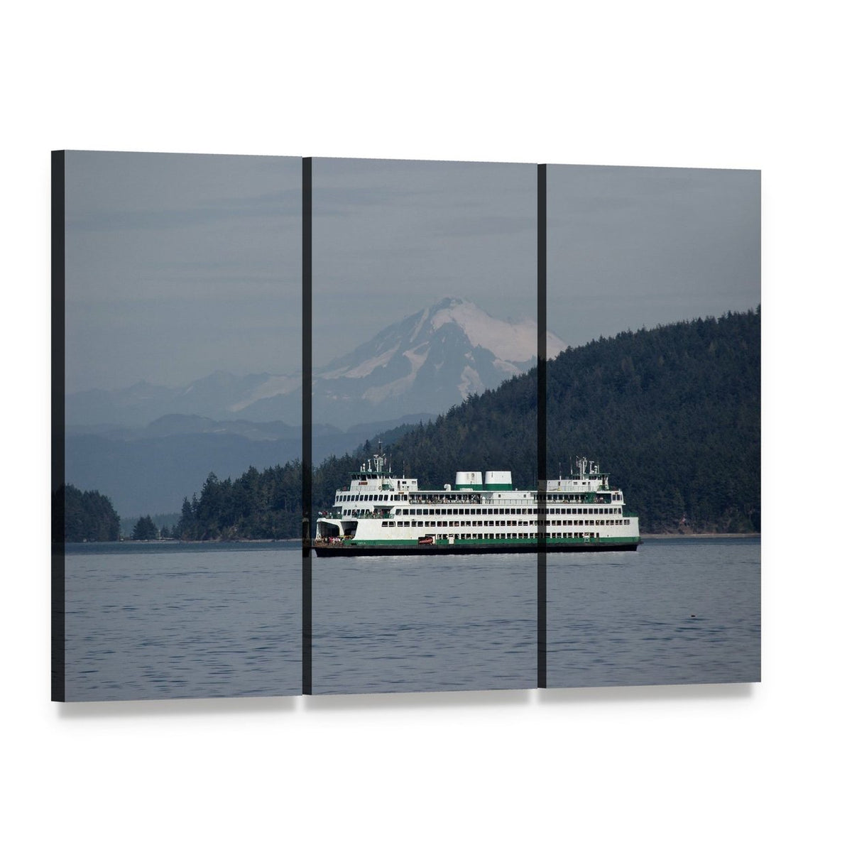Ferry Sailing with Mt Baker Canvas Wall Art, 3 panel 3 Horizontal layout gallery wrapped canvas set, angled product view