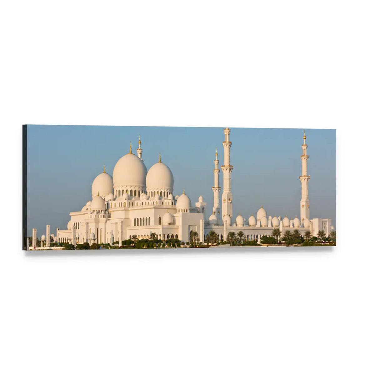 Sheikh Zayed White Mosque Panoramic Canvas Wall Art, single panel gallery wrapped canvas, angled product view