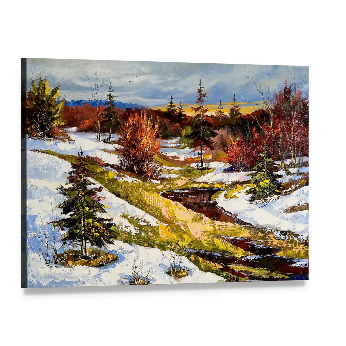 Snowy Stream at Sunset Canvas Wall Art, single panel gallery wrapped canvas, angled product view