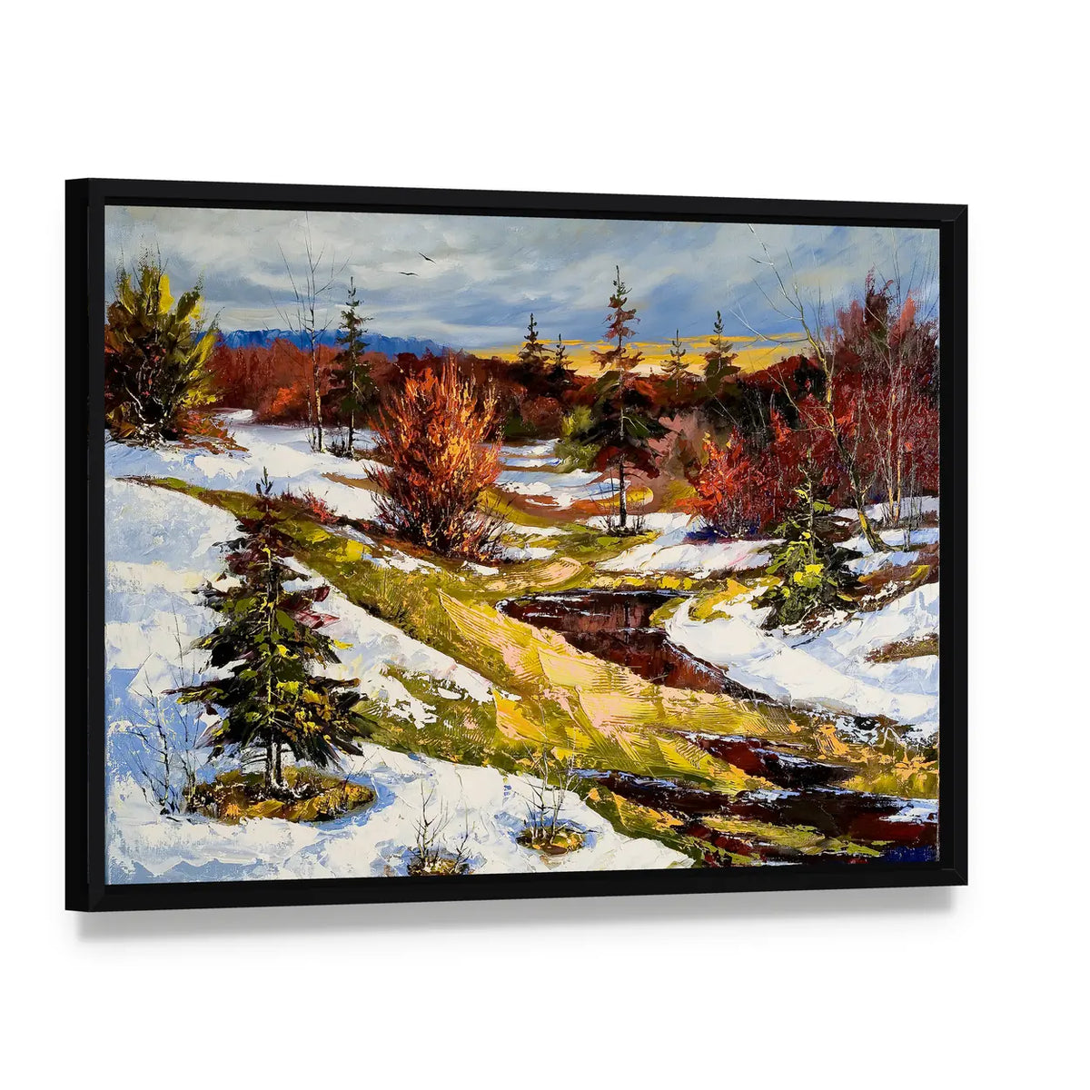 Snowy Stream at Sunset Canvas Wall Art, framed canvas in a black floater frame, angled product view