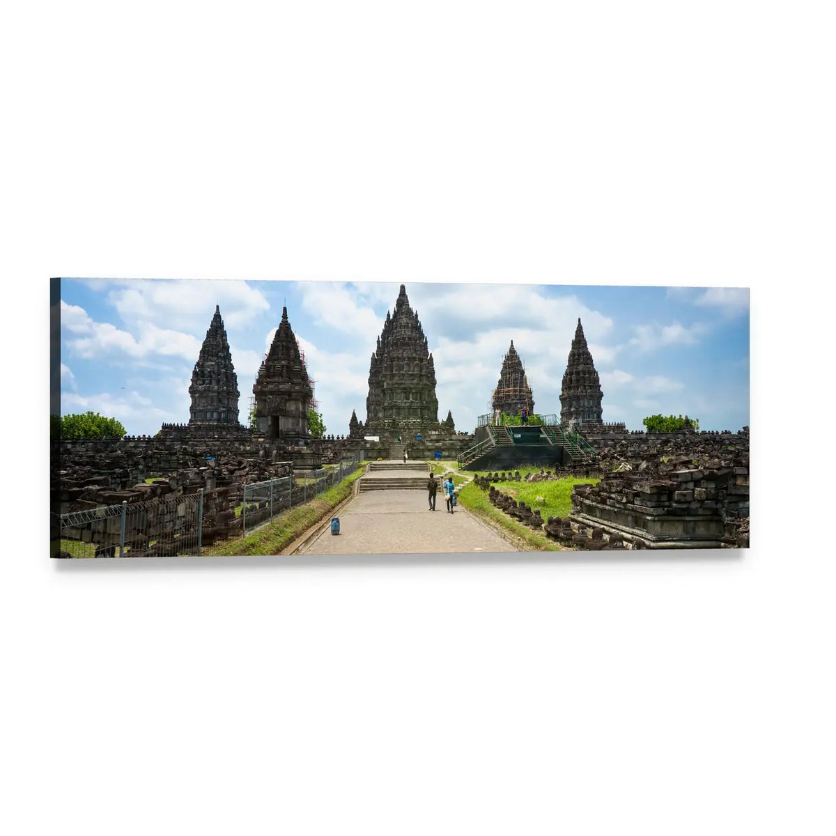 Prambanan Temple in Indonesia Panoramic Canvas Wall Art, single panel gallery wrapped canvas, angled product view
