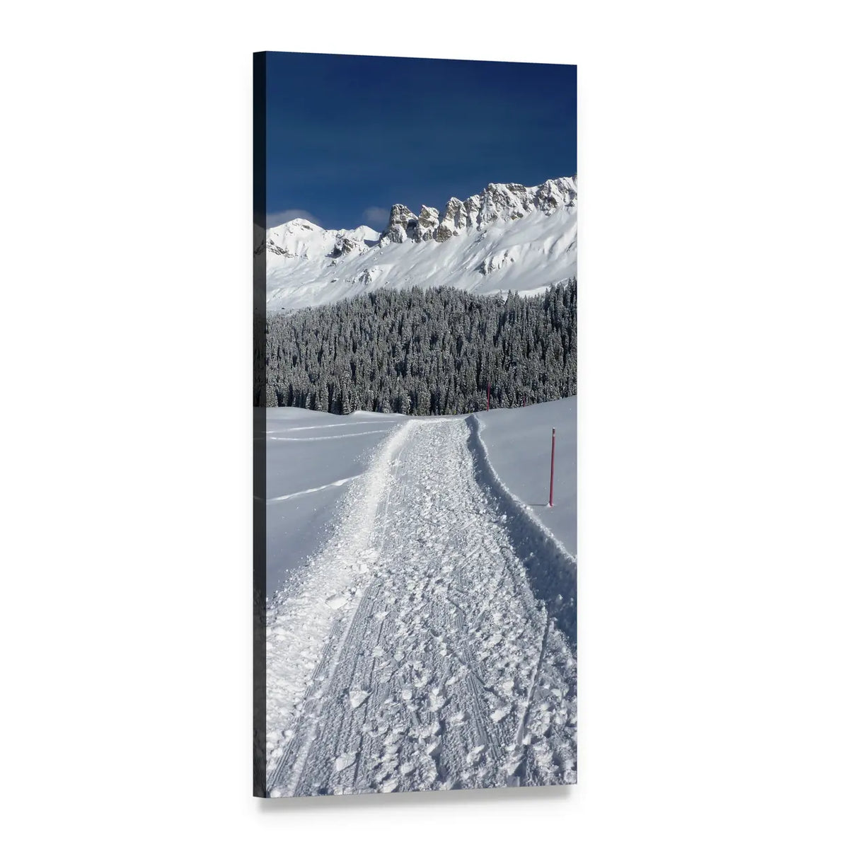 Snowy Mountain Trail with Red Marker Vertical Canvas Wall Art, 1 panel 1 Vertical layout gallery wrapped canvas set, angled product view