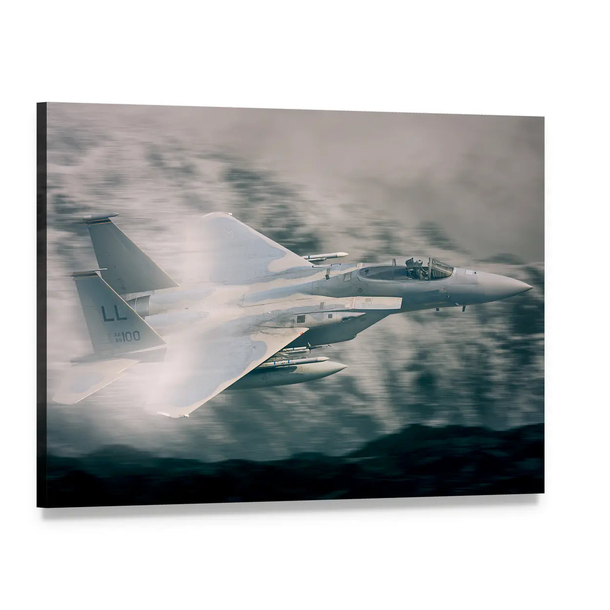 F-15 Fighter Jet with Tail Number 100 Canvas Wall Art, single panel gallery wrapped canvas, angled product view