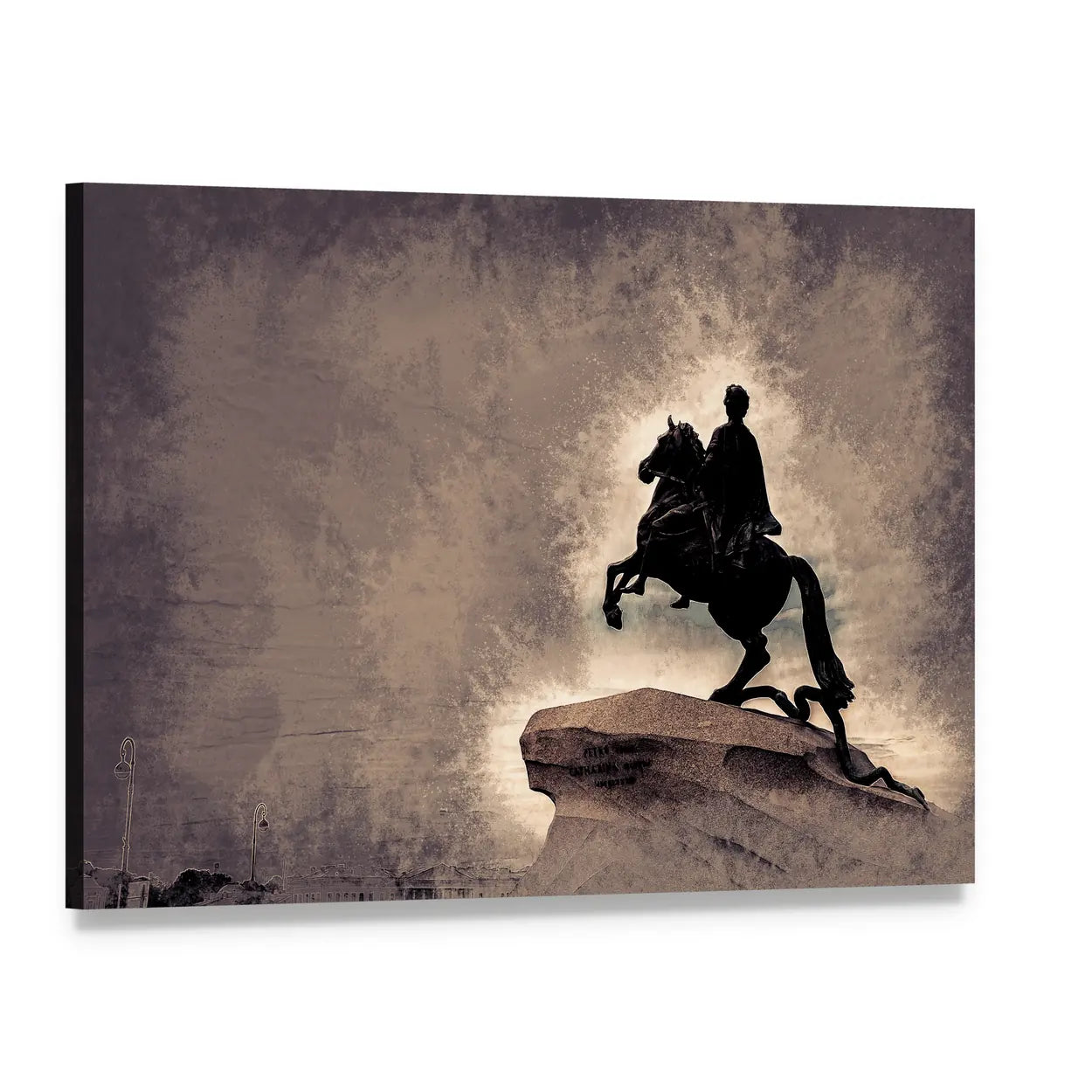 Bronze Horseman Silhouette Canvas Wall Art, single panel gallery wrapped canvas, angled product view