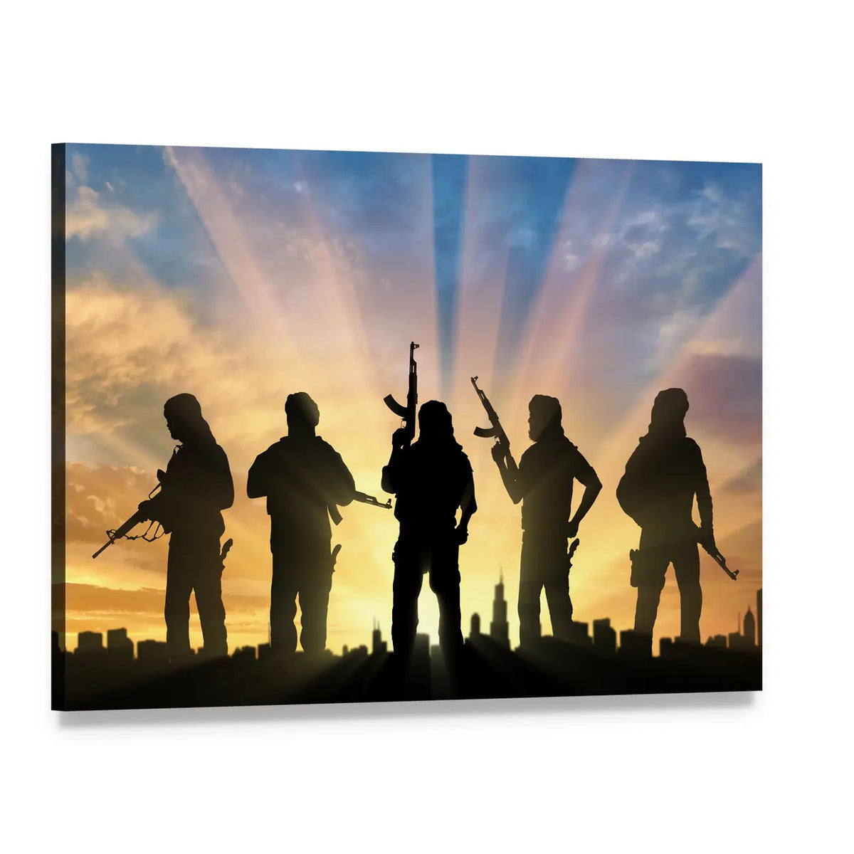 Five Armed Silhouettes at Sunset Canvas Wall Art, single panel gallery wrapped canvas, angled product view