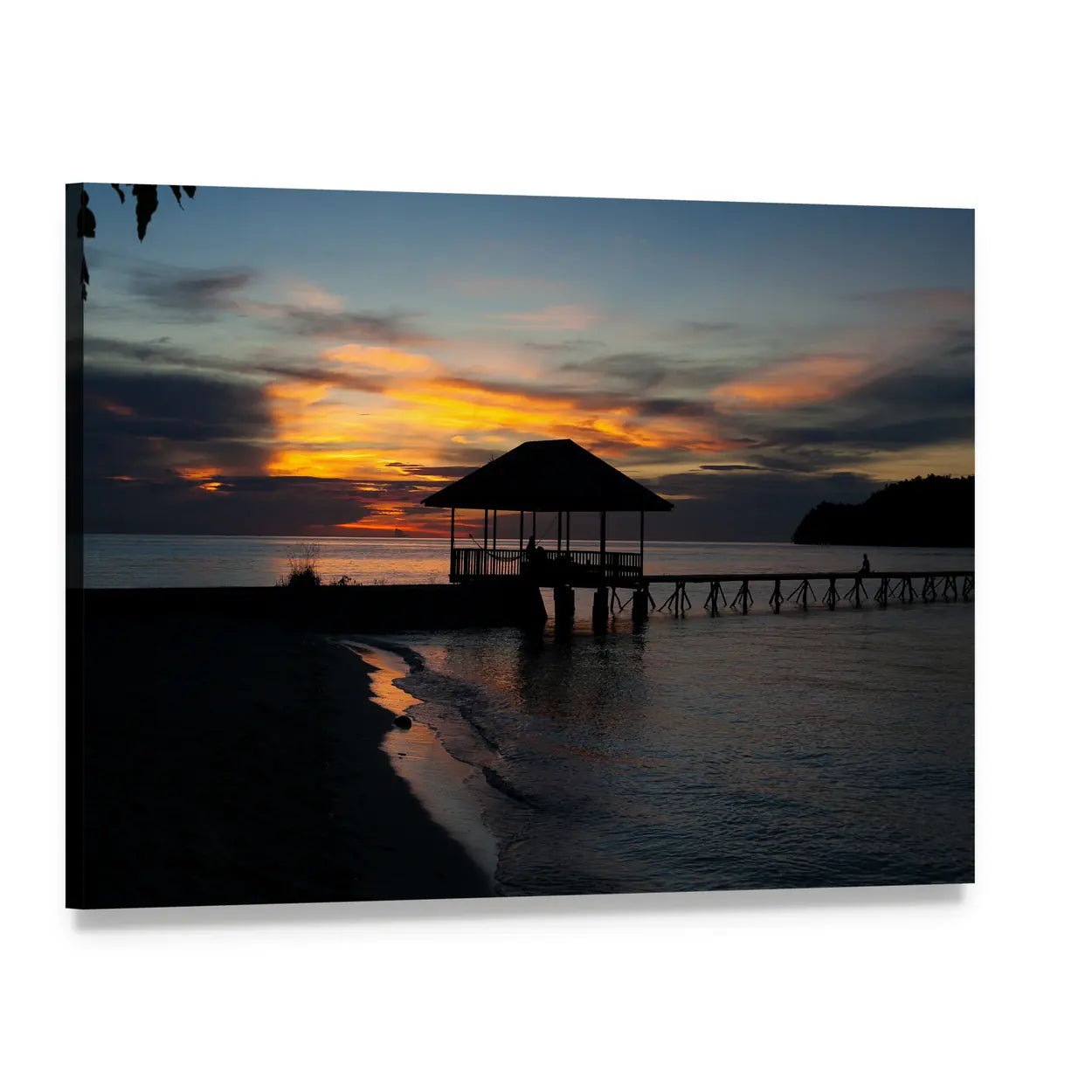 Tropical Pier Pavilion at Sunset Canvas Wall Art, single panel gallery wrapped canvas, angled product view