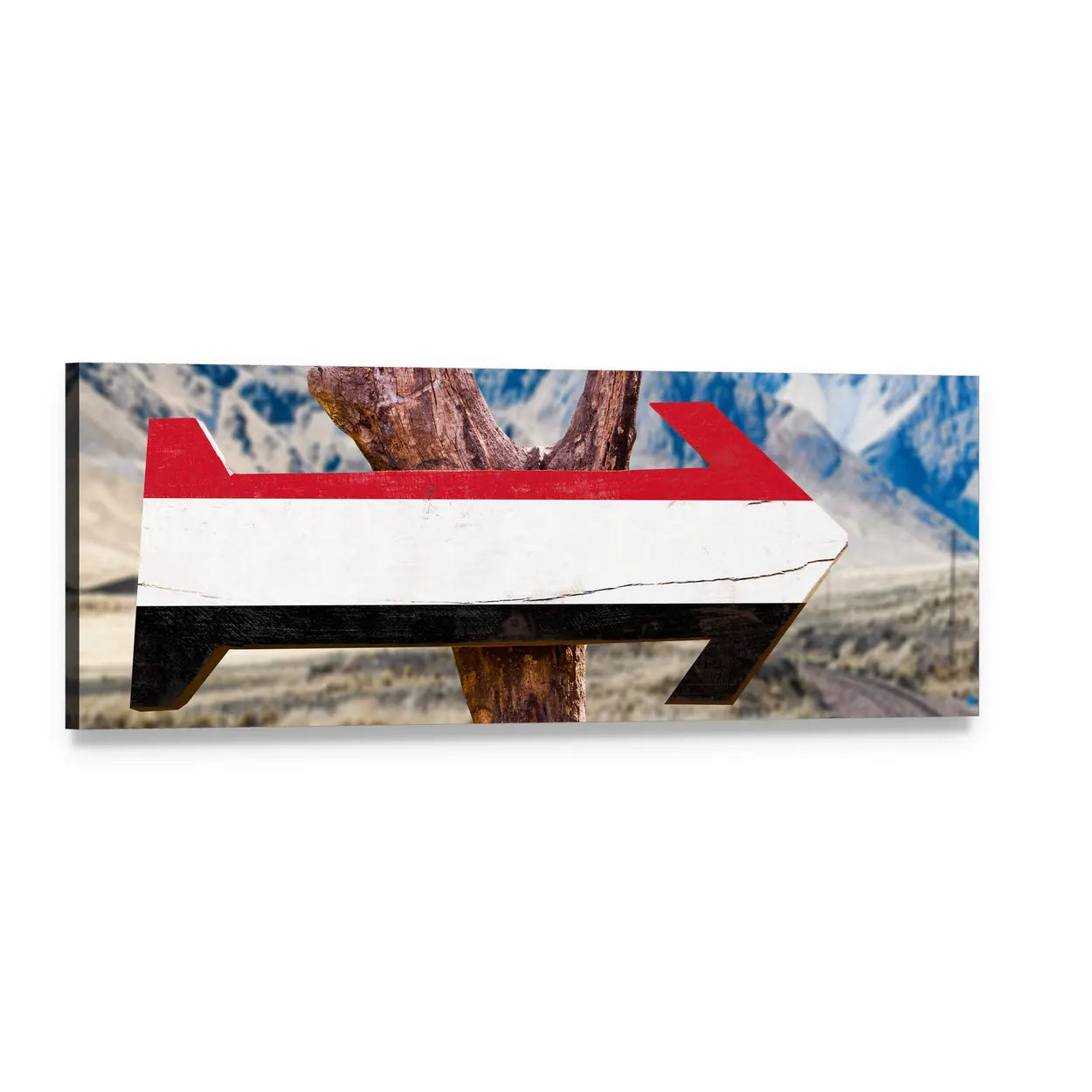 Yemen Flag Wooden Arrow Sign Panoramic Canvas Wall Art, single panel gallery wrapped canvas, angled product view