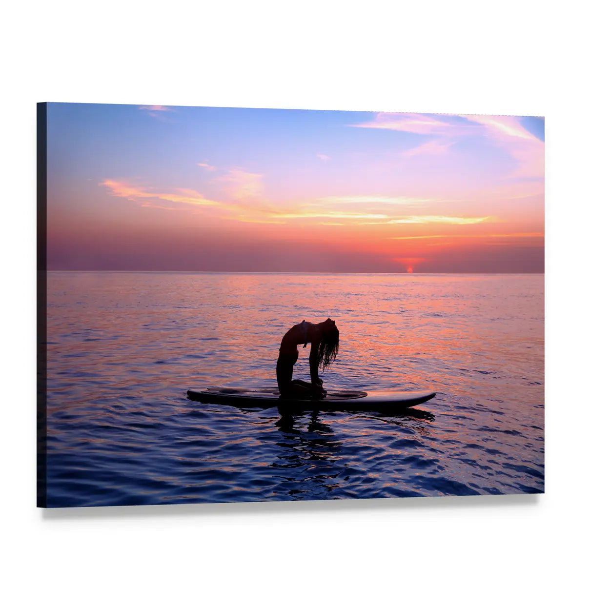 Sunset Paddleboard Yoga Backbend Canvas Wall Art, single panel gallery wrapped canvas, angled product view