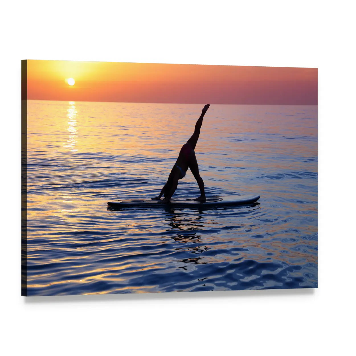 Paddleboard Yoga at Sunset Canvas Wall Art, single panel gallery wrapped canvas, angled product view