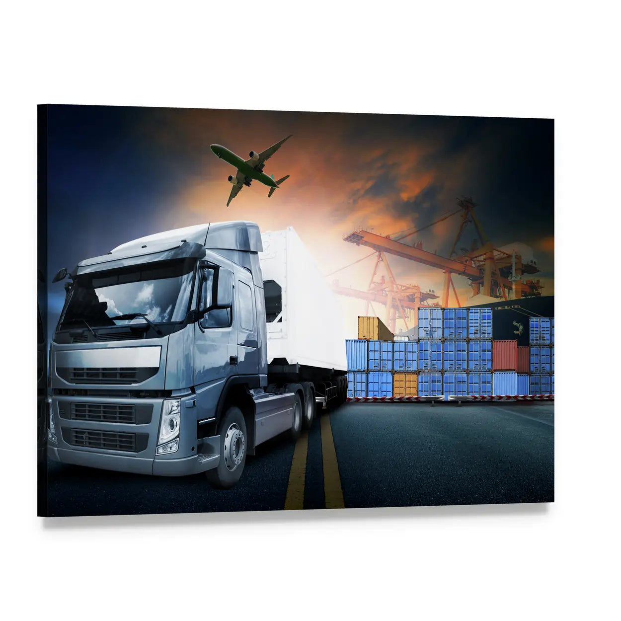 Industrial Shipping Hub at Dusk Canvas Wall Art, single panel gallery wrapped canvas, angled product view