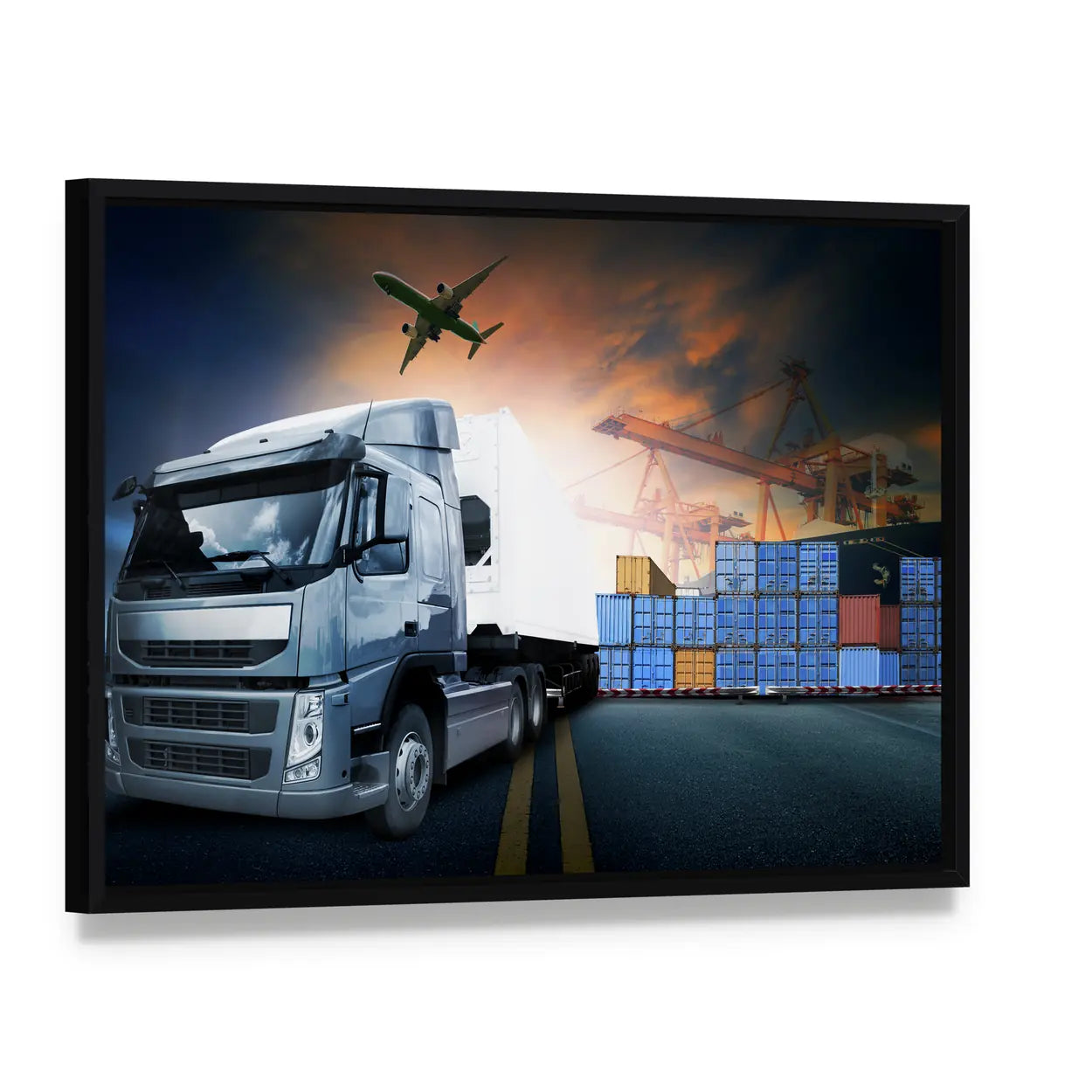 Industrial Shipping Hub at Dusk Canvas Wall Art, framed canvas in a black floater frame, angled product view
