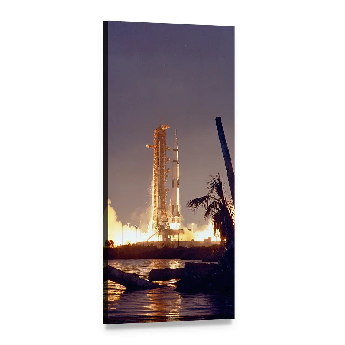 Apollo 14 Night Launch Over Water Vertical Canvas Wall Art, 1 panel 1 Vertical layout gallery wrapped canvas set, angled product view