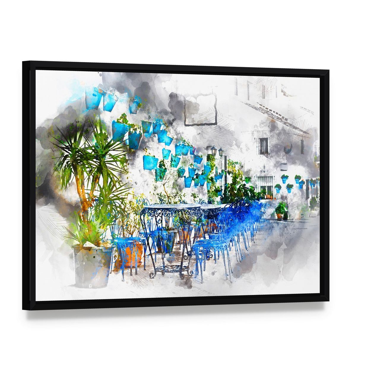 Mijas Street Spain Canvas Wall Art, framed canvas in a black floater frame, angled product view