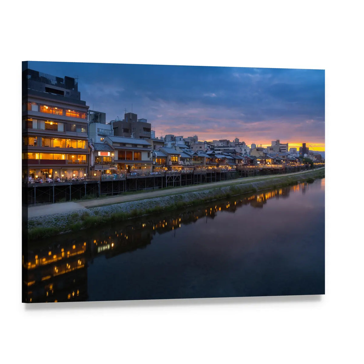 Kamogawa River at Sunset Canvas Wall Art, single panel gallery wrapped canvas, angled product view