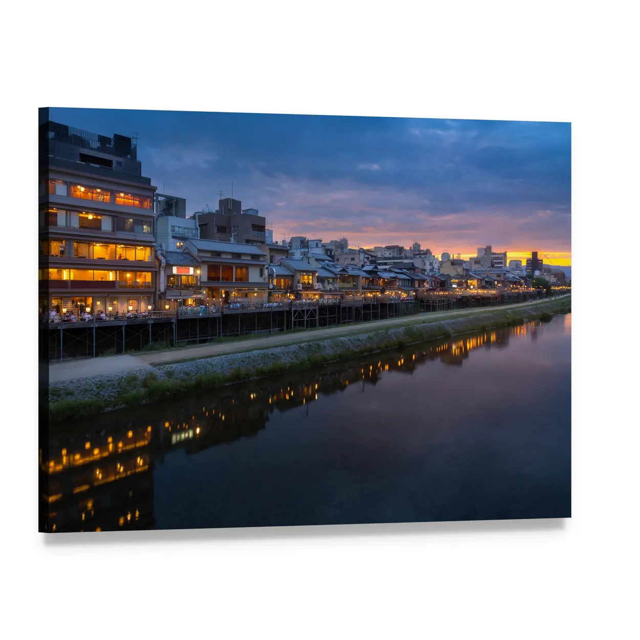 Kamogawa River at Sunset Canvas Wall Art, single panel gallery wrapped canvas, angled product view