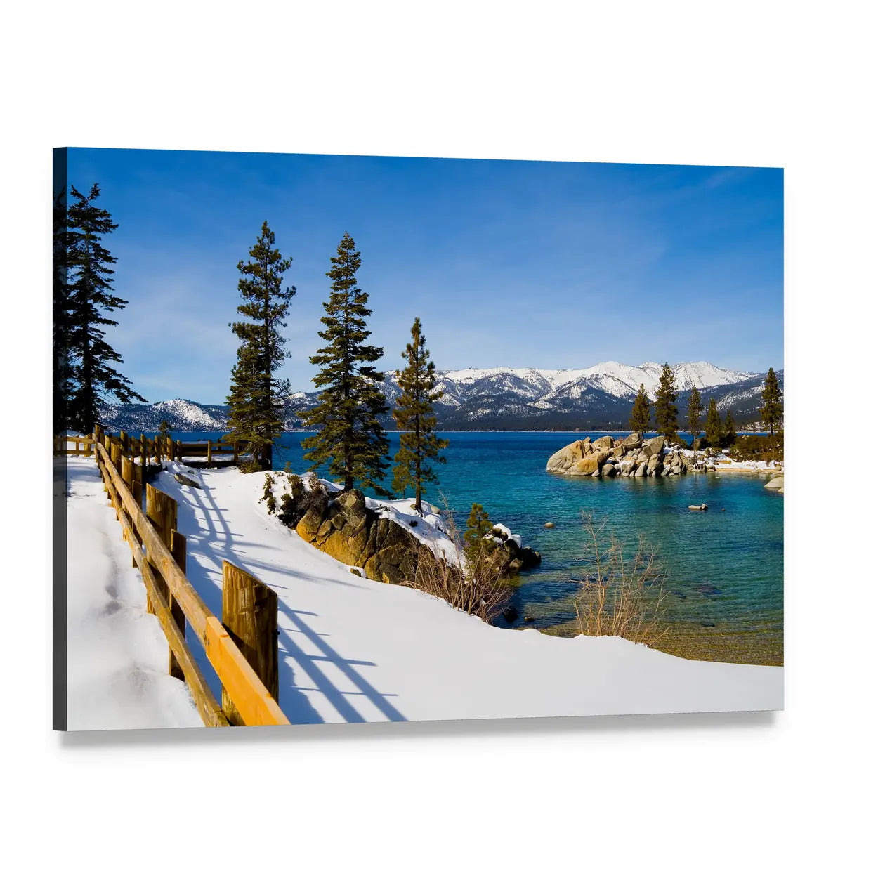 Lake Tahoe Snowy Path to Mountains Canvas Wall Art, single panel gallery wrapped canvas, angled product view