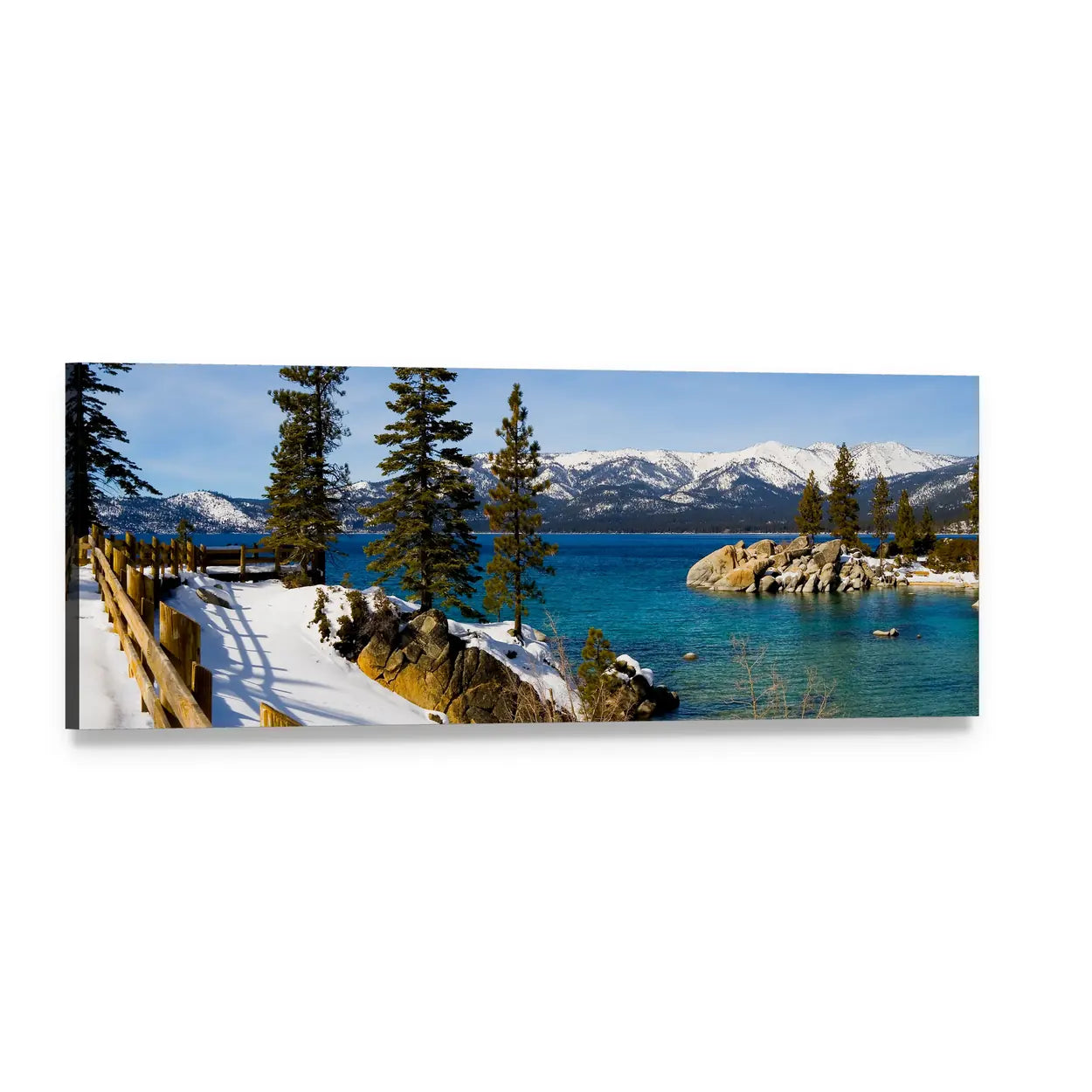 Lake Tahoe Winter Shoreline Panoramic Canvas Wall Art, single panel gallery wrapped canvas, angled product view