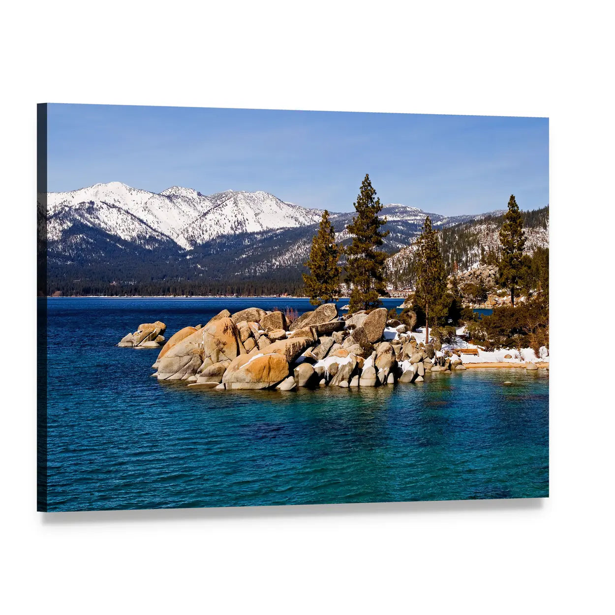 Lake Tahoe Winter Shoreline Canvas Wall Art, single panel gallery wrapped canvas, angled product view