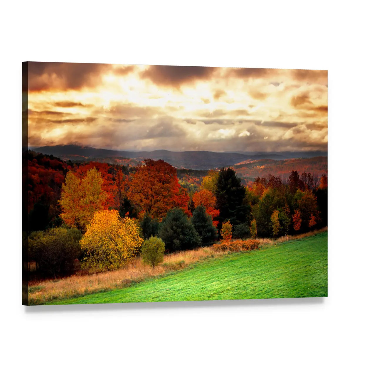 Vermont Autumn Foliage Over Rolling Hills Canvas Wall Art, single panel gallery wrapped canvas, angled product view