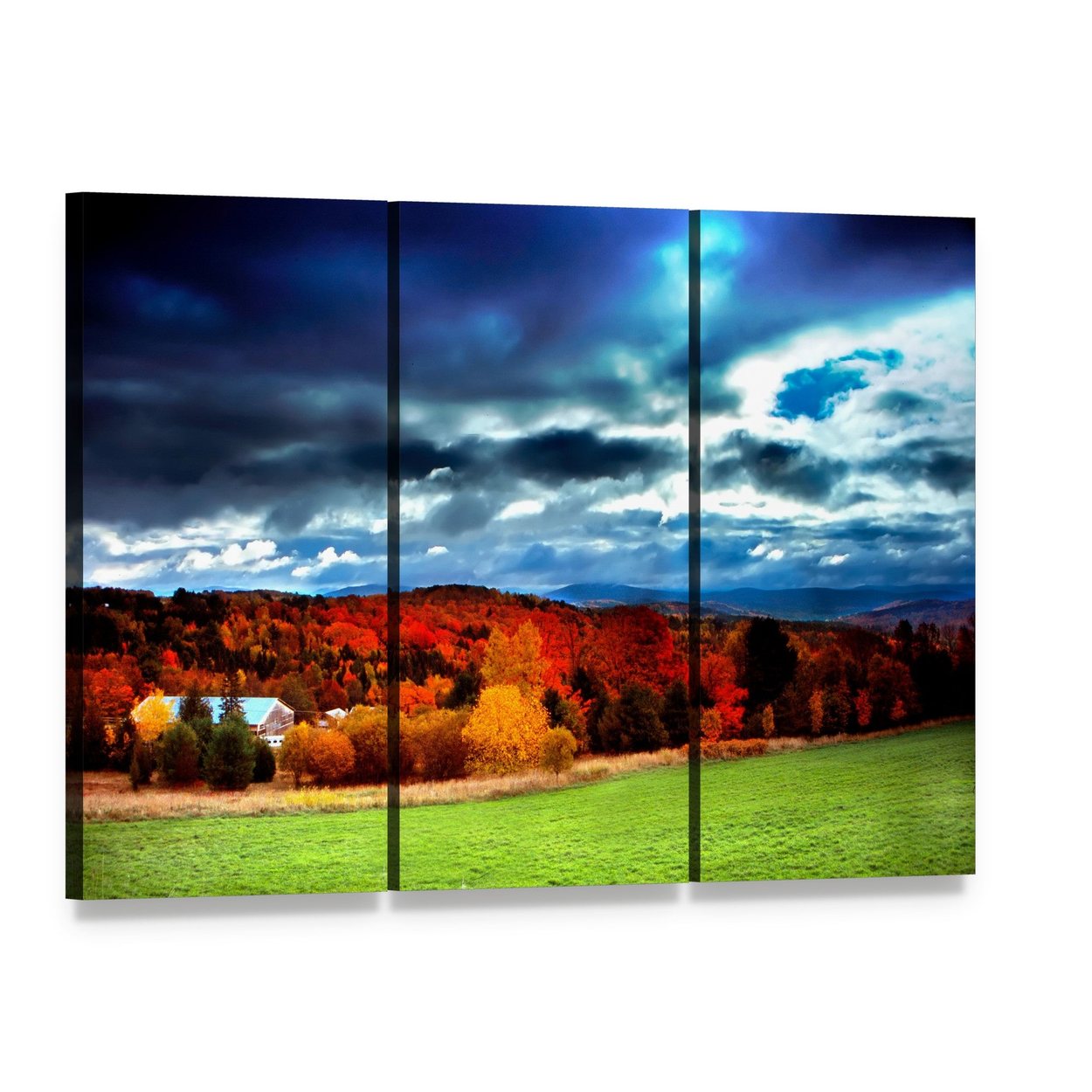 Vermont Fall Foliage Canvas Wall Art, 3 panel 3 Horizontal layout gallery wrapped canvas set, angled product view
