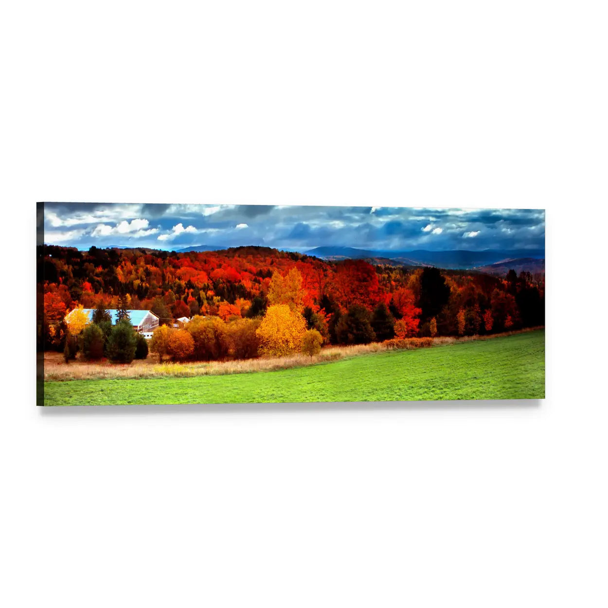 Vermont Fall Foliage with Farmhouse Panoramic Canvas Wall Art, single panel gallery wrapped canvas, angled product view