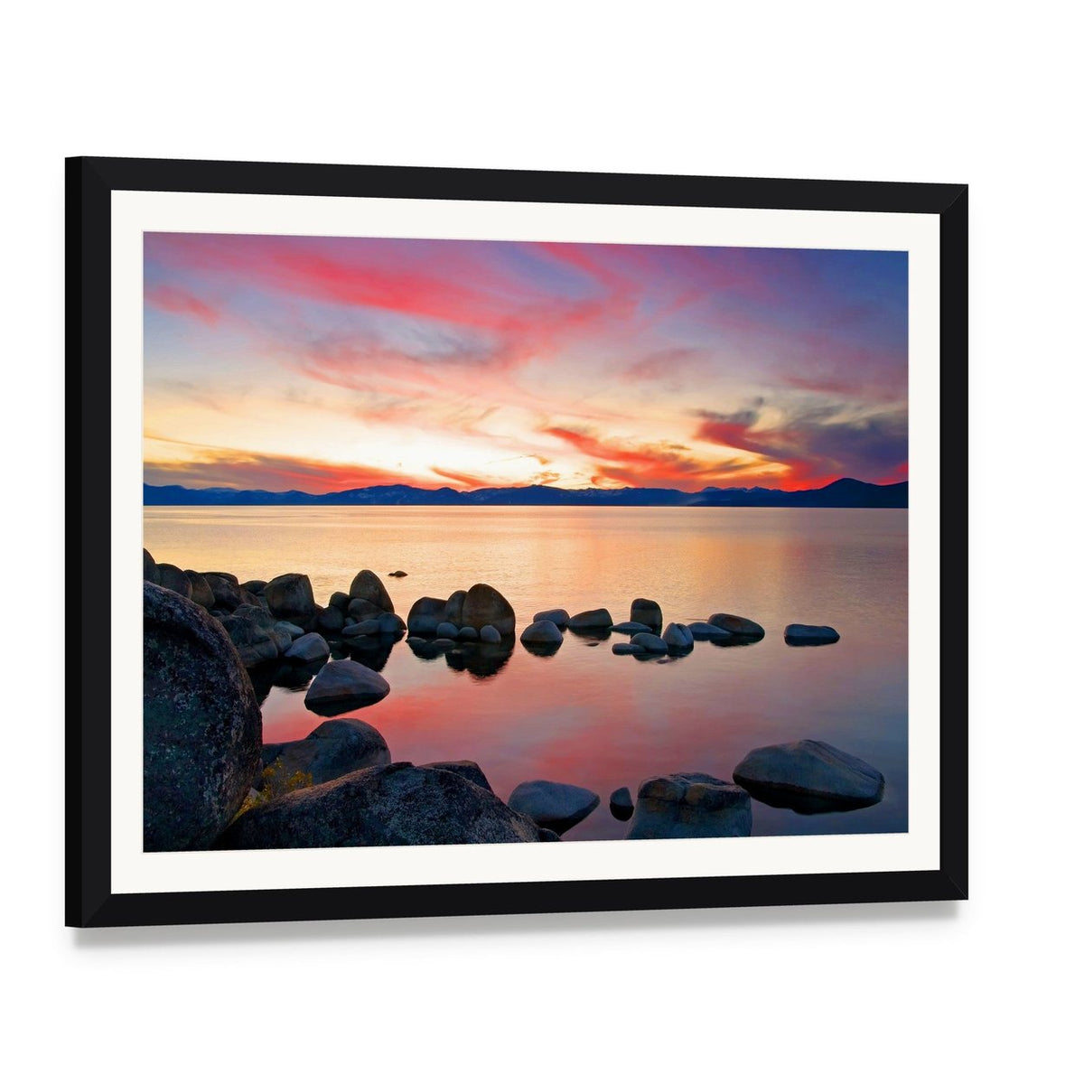 Lake Tahoe at Sunrise Canvas Wall Art, framed print with white mat and black frame, angled product view