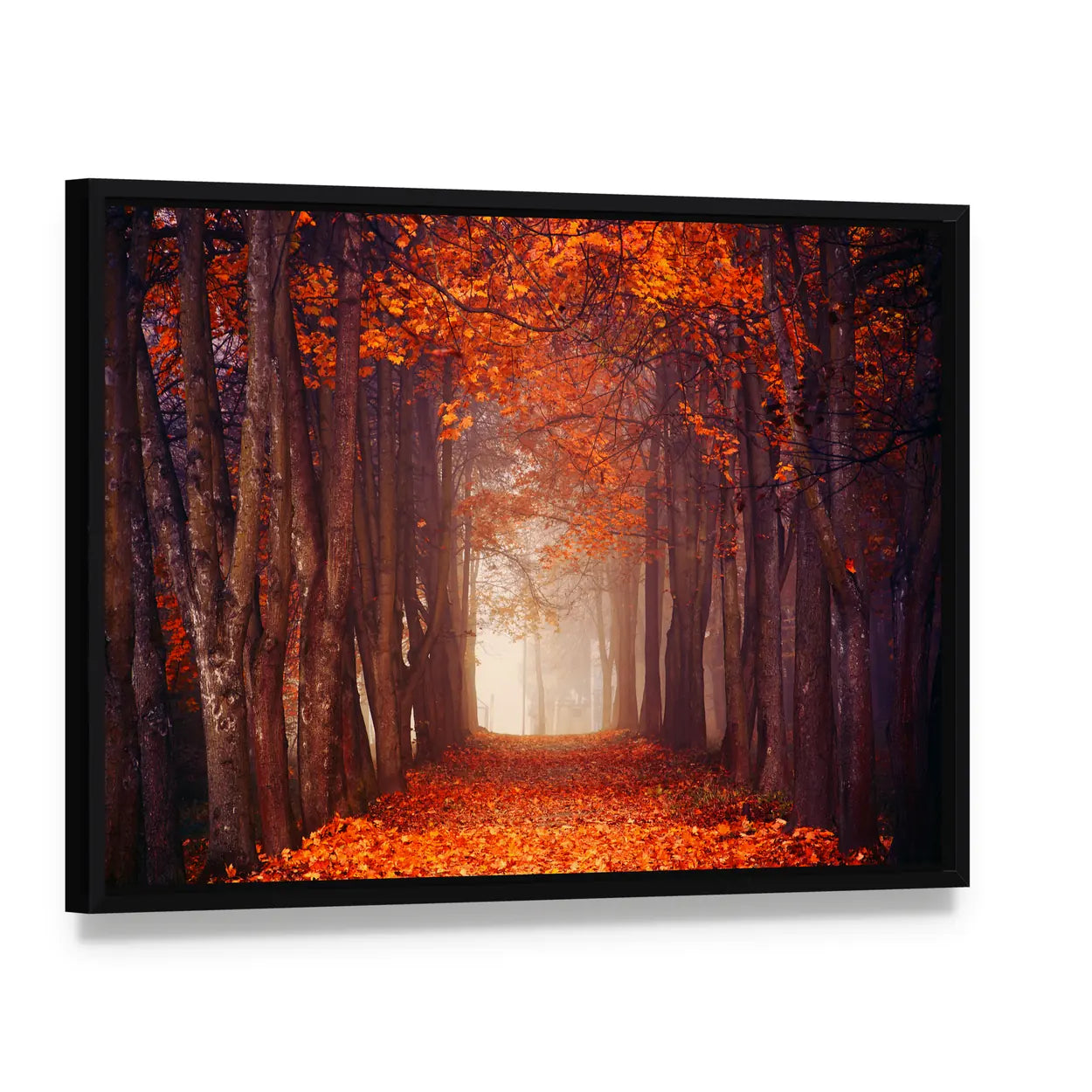 Autumn Misty Forest Canvas Wall Art, framed canvas in a black floater frame, angled product view