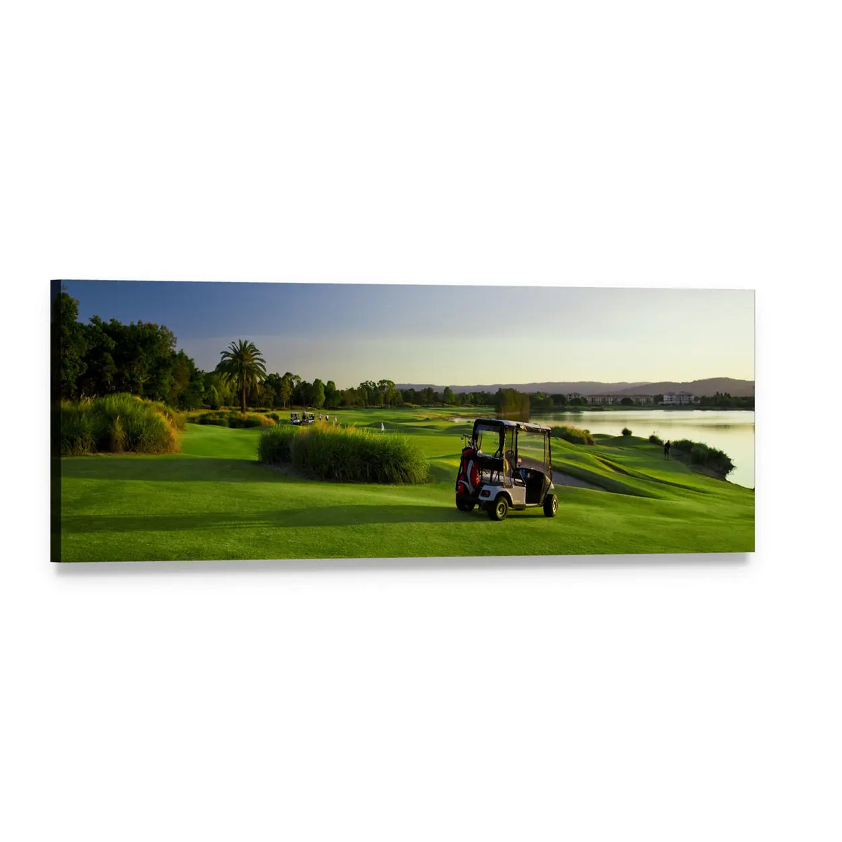 Golf Course with Parked Golf Cart Panoramic Canvas Wall Art, single panel gallery wrapped canvas, angled product view