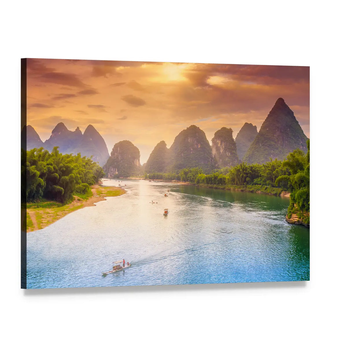 Karst River with Traditional Boat at Sunset Canvas Wall Art, single panel gallery wrapped canvas, angled product view