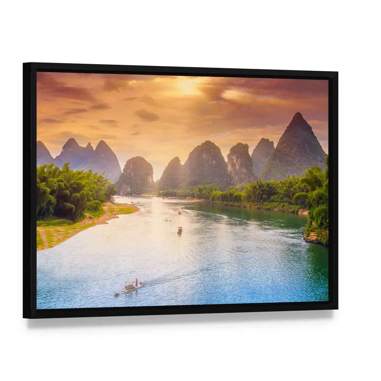 Guilin Karst River at Sunset Canvas Wall Art, framed canvas in a black floater frame, angled product view