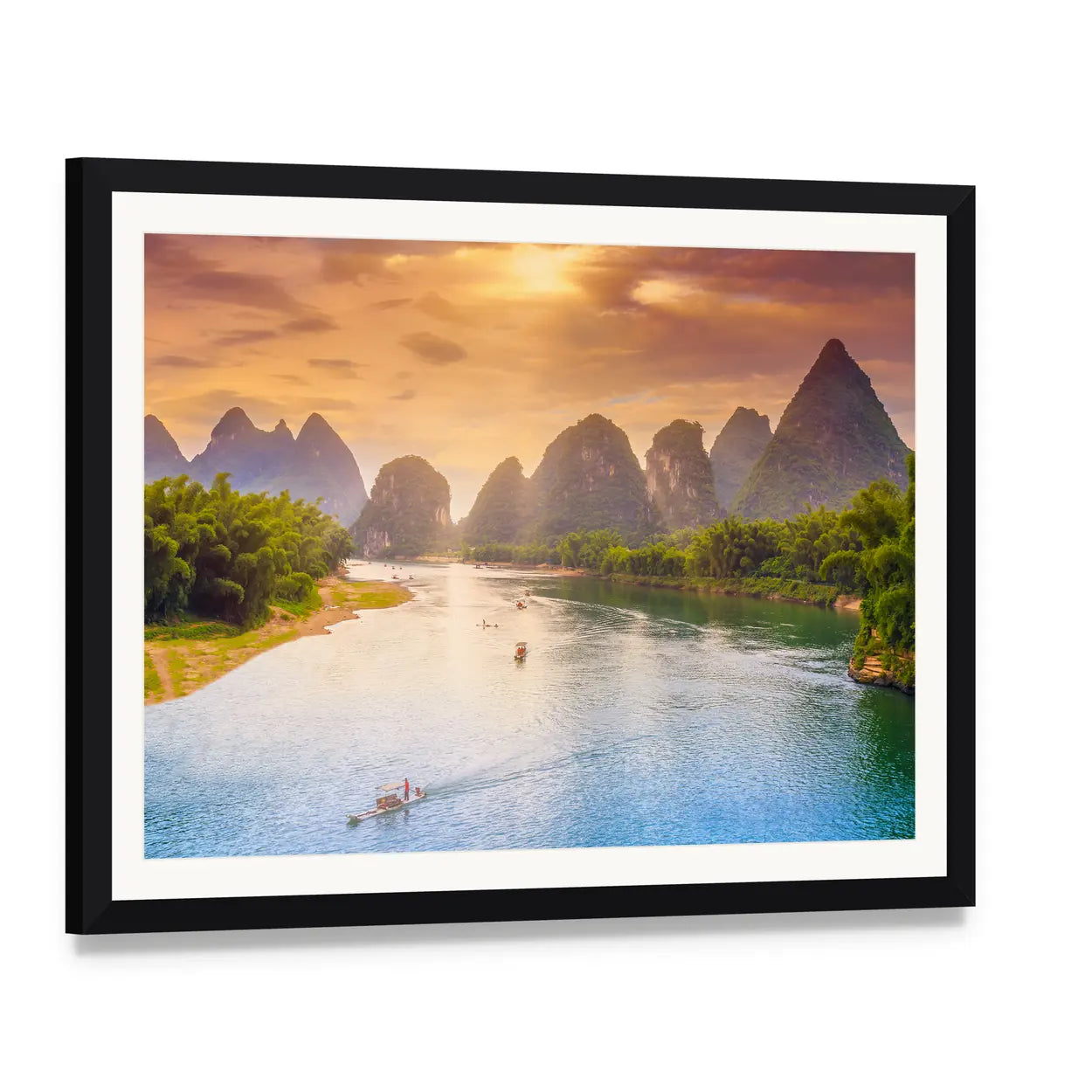 Guilin Karst River at Sunset Canvas Wall Art, framed print with white mat and black frame, angled product view