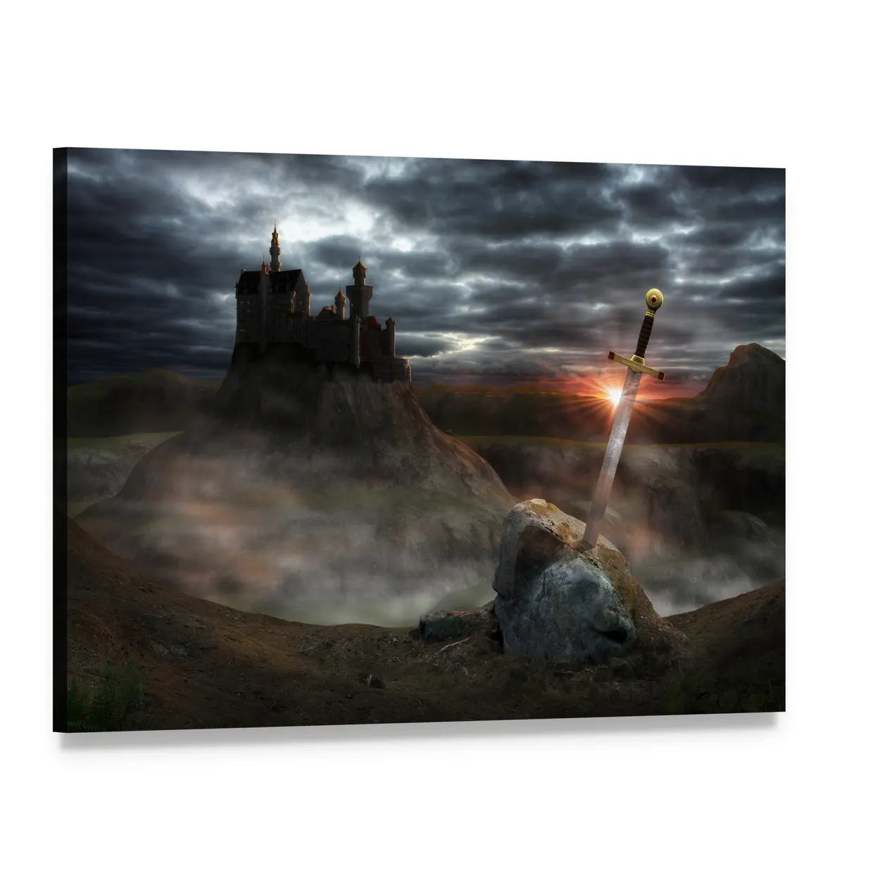 Legendary Castle with Sword at Sunset Canvas Wall Art, single panel gallery wrapped canvas, angled product view