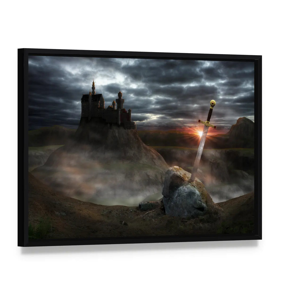 Legendary Castle with Sword at Sunset Canvas Wall Art, framed canvas in a black floater frame, angled product view
